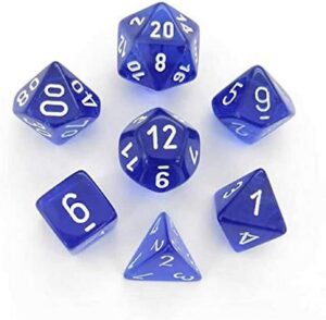 Set de 7 dados poliédricos para juegos de rol de color azul